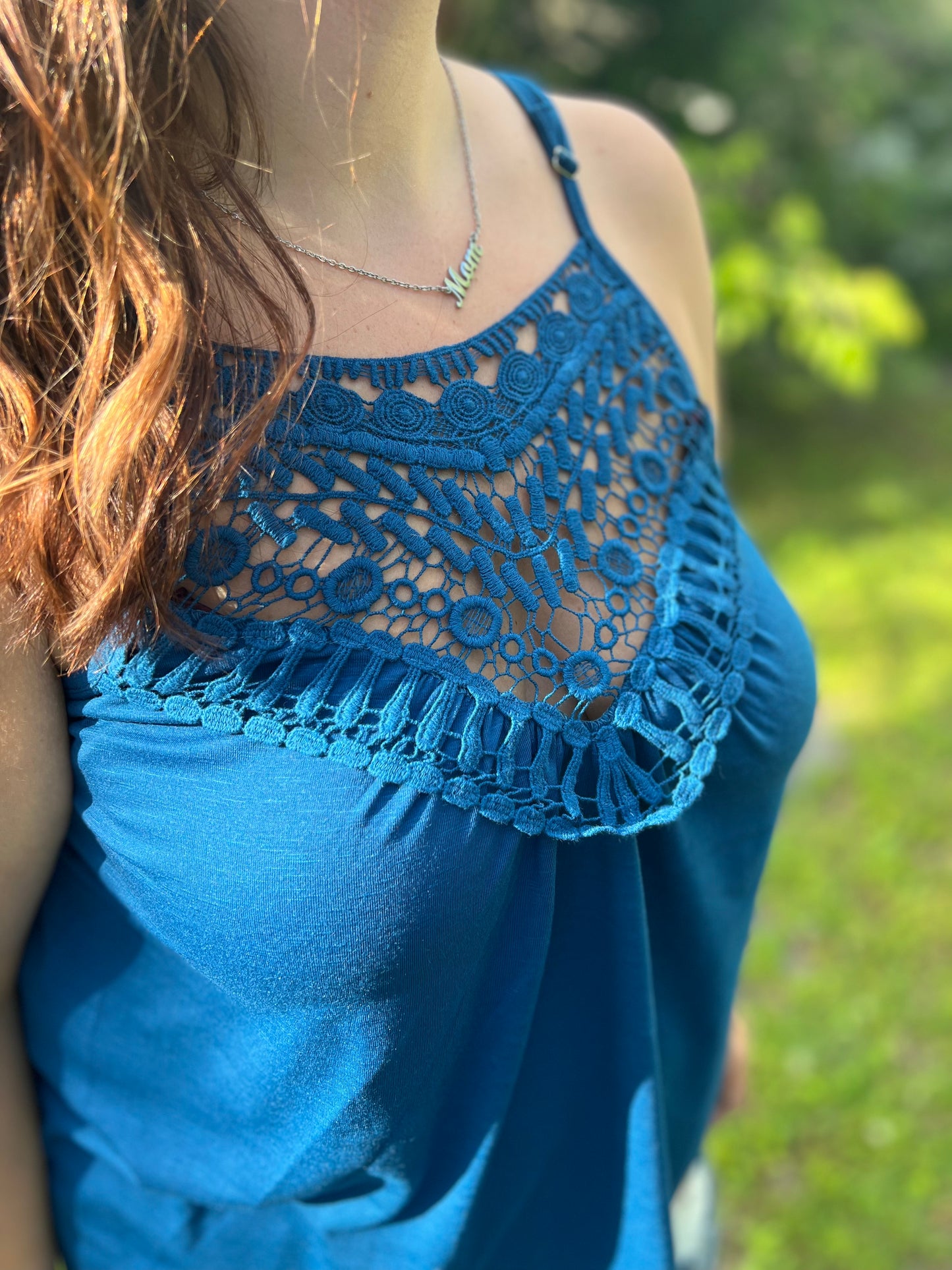 Teal Blue Lace-Detail Tank Top