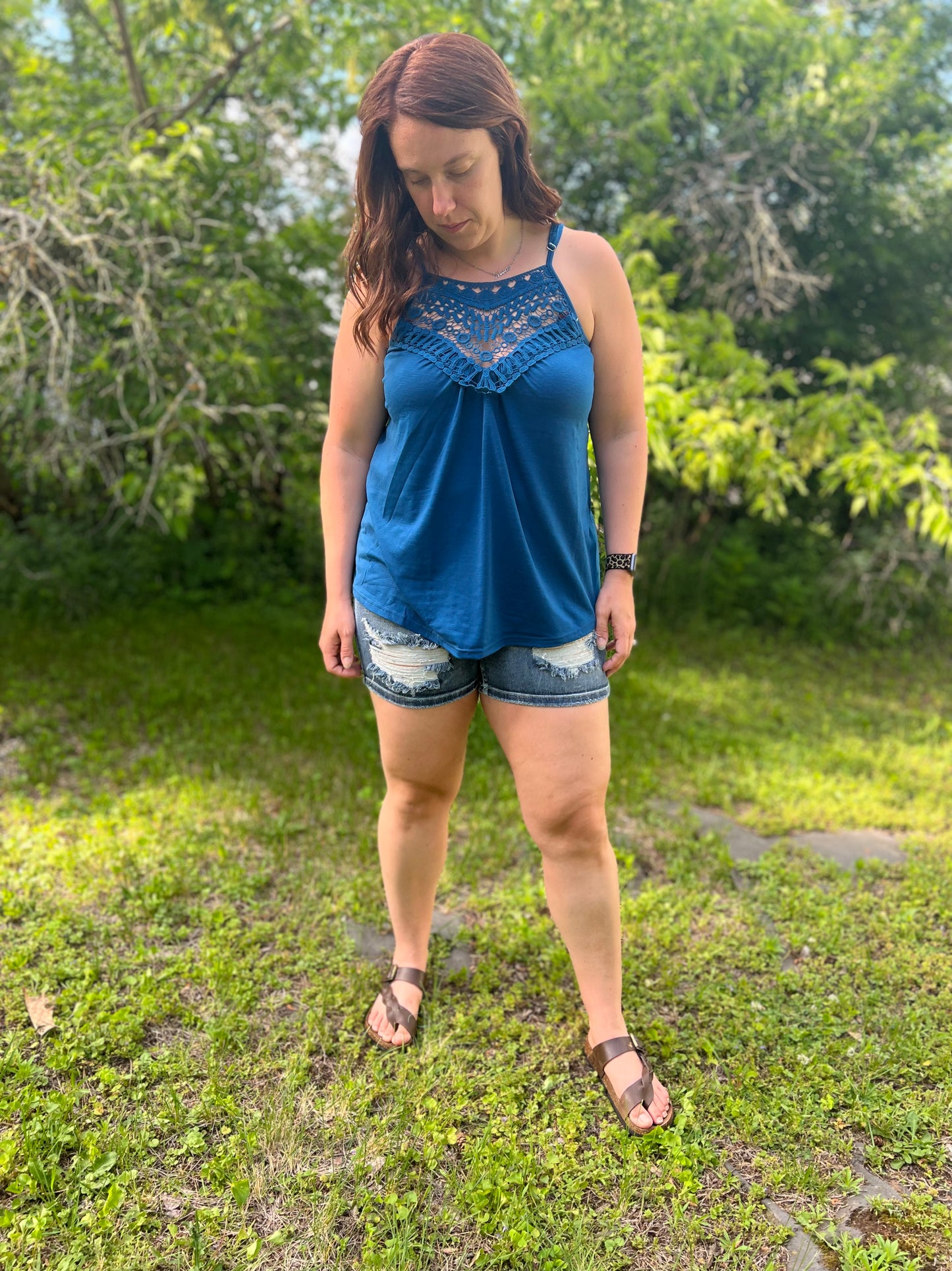 Teal Blue Lace-Detail Tank Top