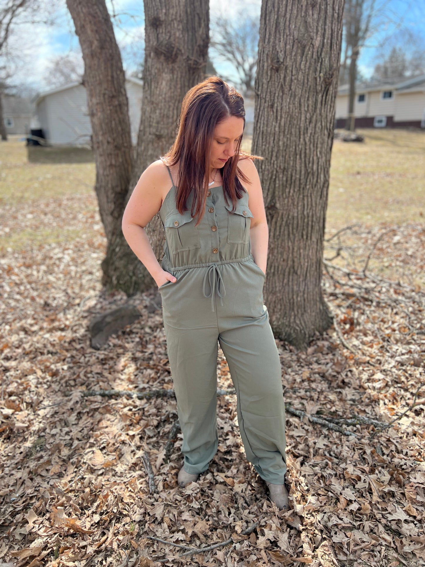 Olive Green Button-Down Jumpsuit