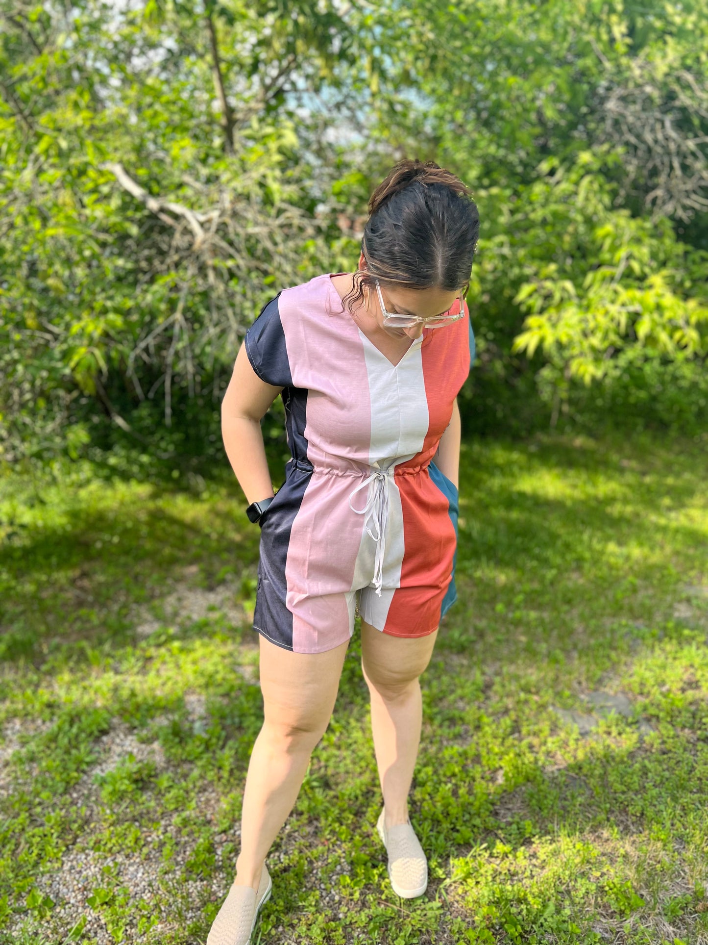 Striped Orange, Pink, White and Black V-Neck Romper