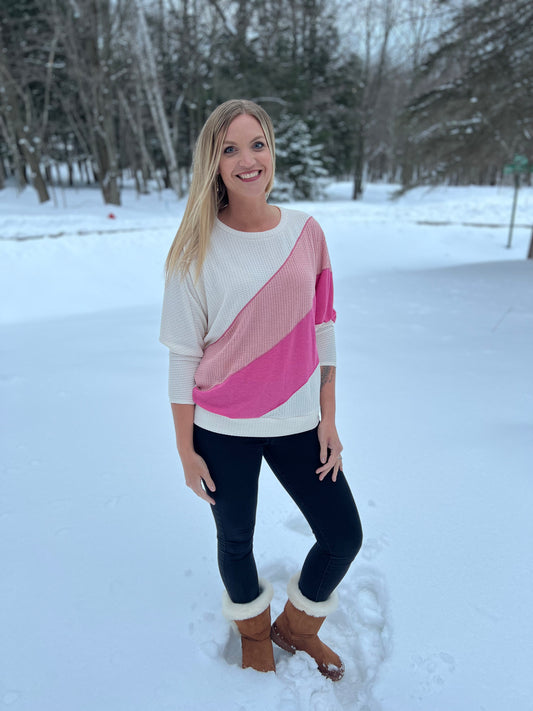 Pink Waffle Color-block Top