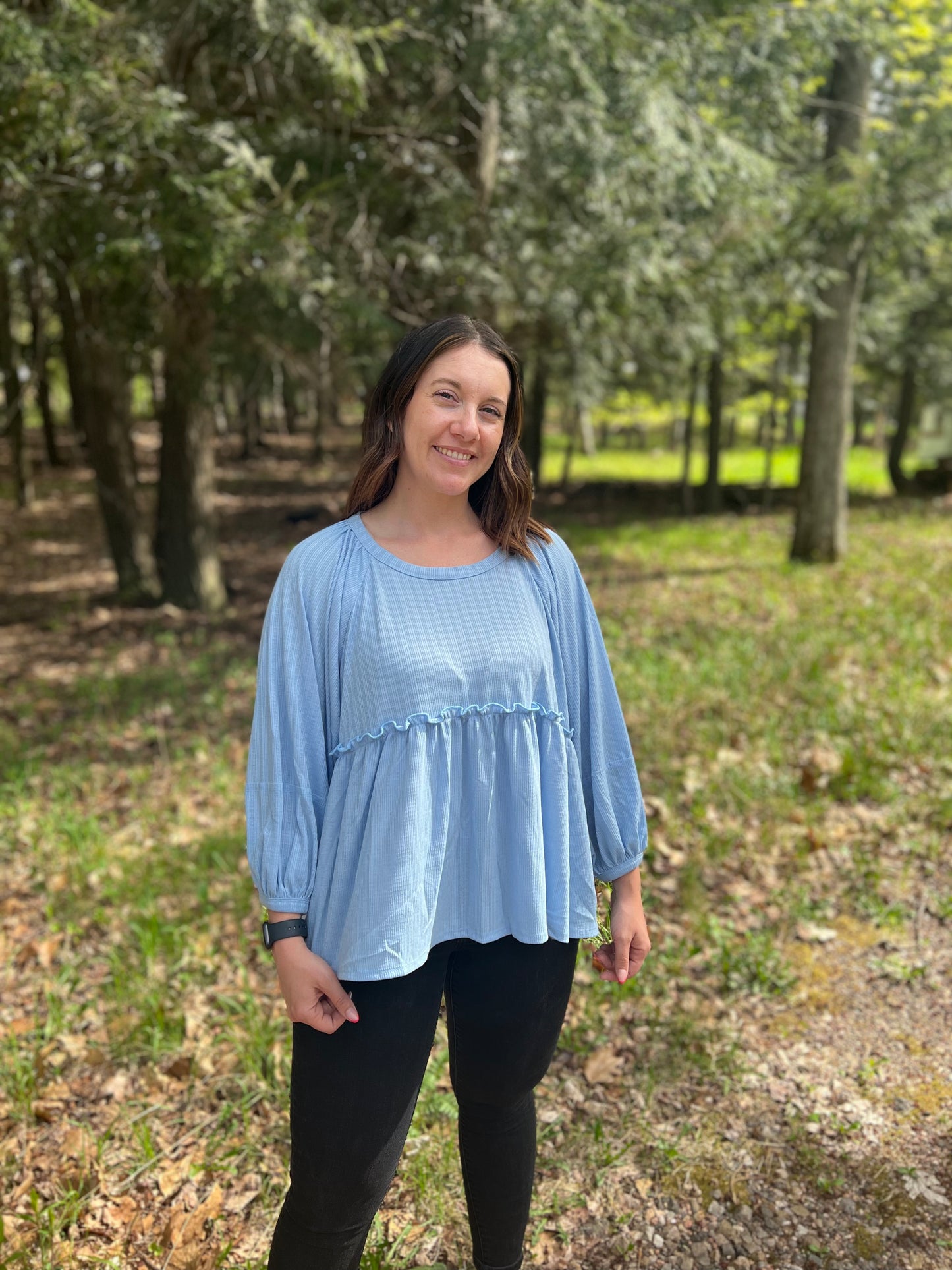 Blue Ribbed Peplum Top