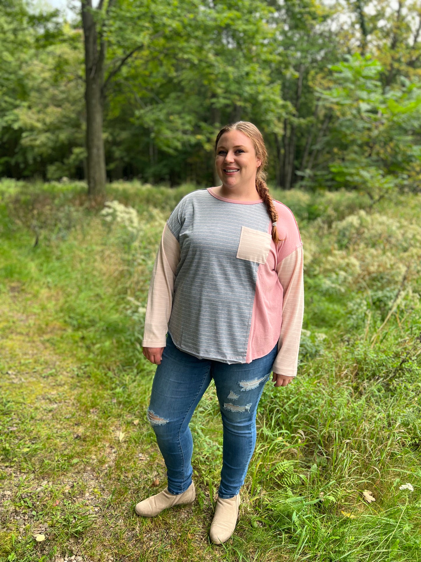 Plus Sized Grey and Pink Color Block Long Sleeve