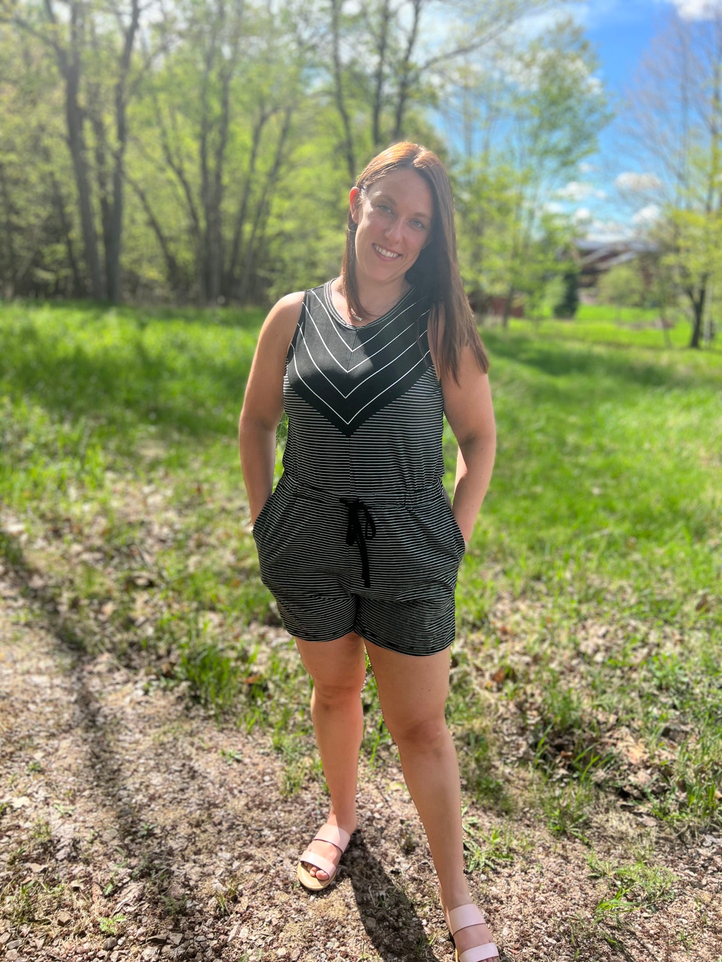 Black and white striped tank and shorts romper