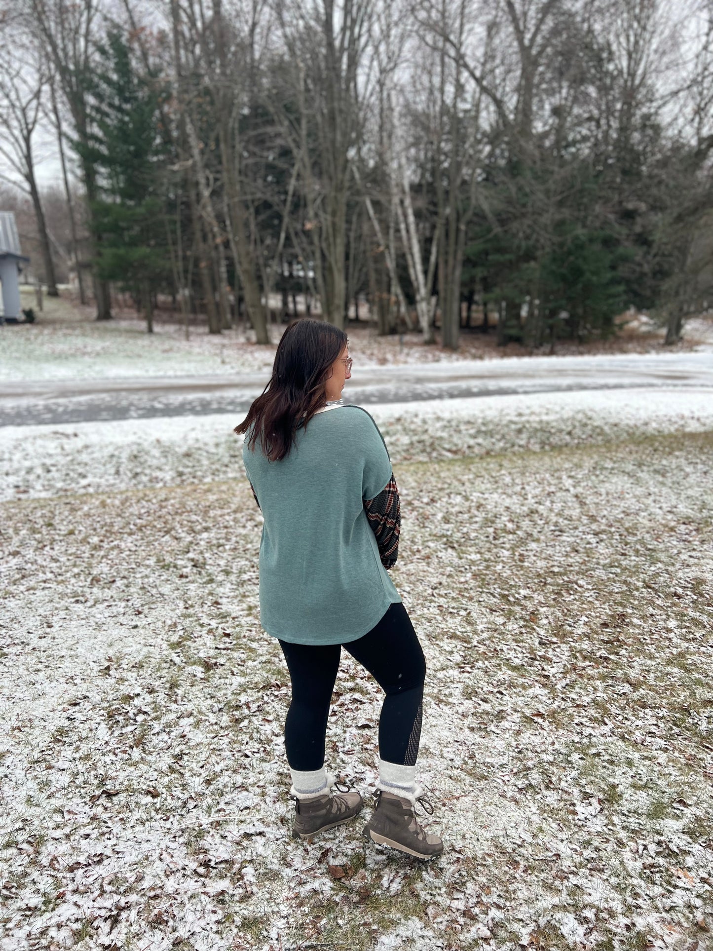 Teal Blue and Plaid Color Block Long Sleeve