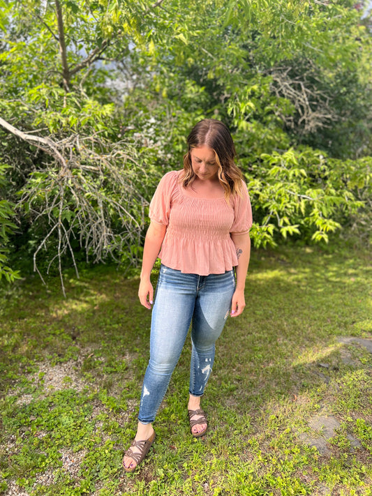 Dusty peach smoked peplum top