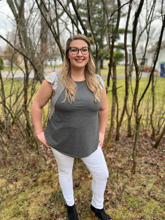 Plus Charcoal Grey Floral Flutter Sleeve Top