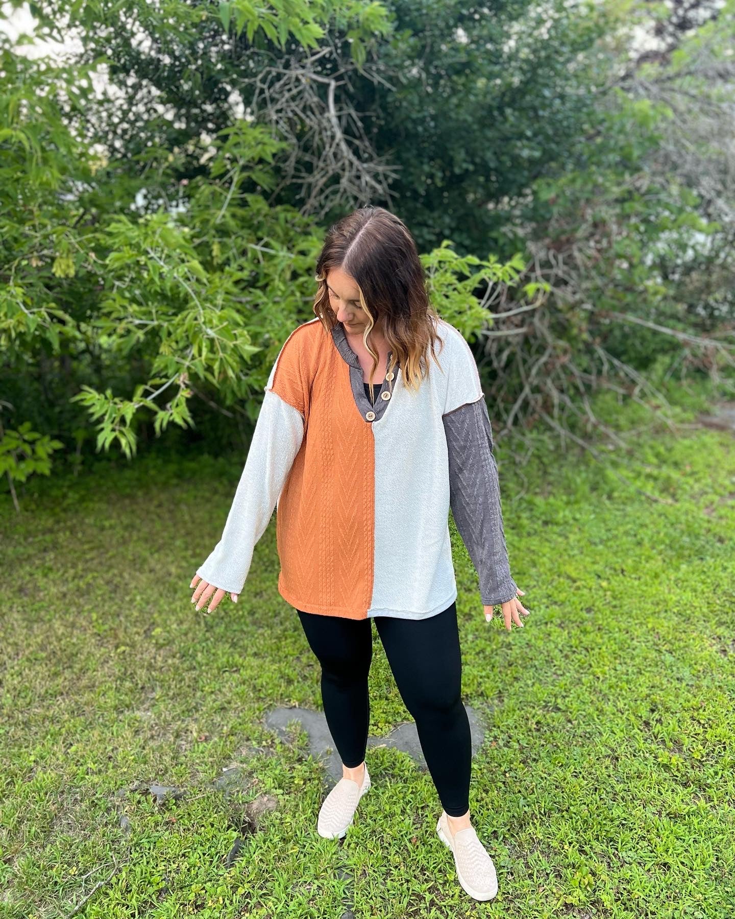 Rust Orange, Grey and White Color-Block Long Sleeve Top