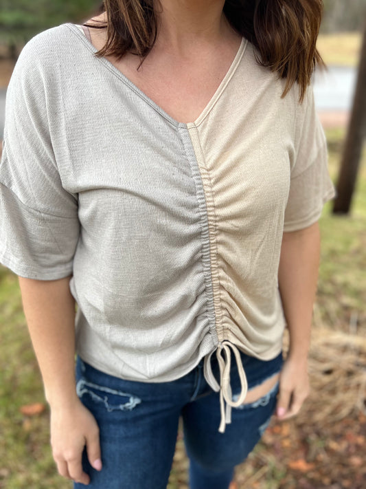 Cinched Grey and Light Brown Color-Block Knit Top