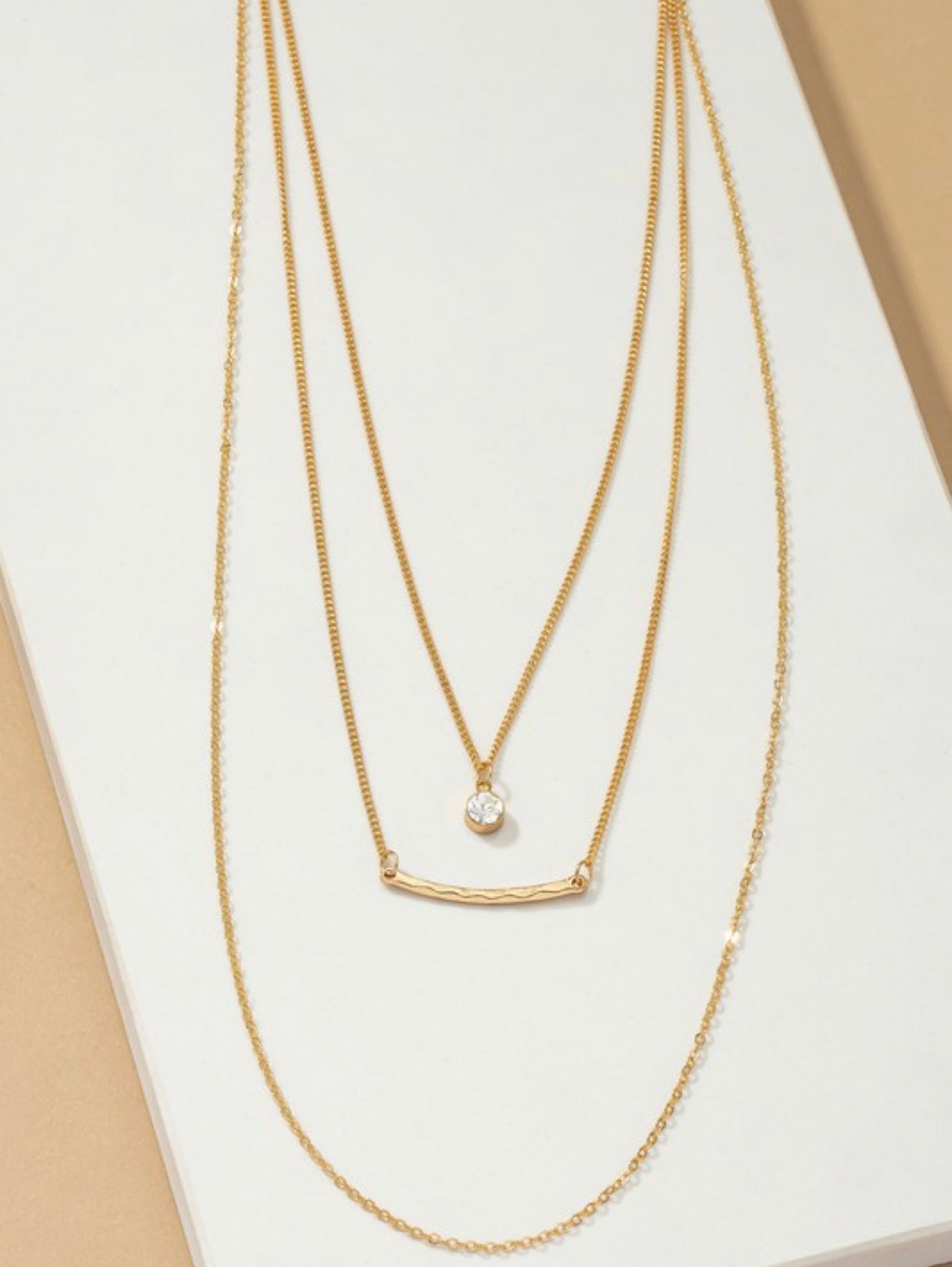 Gold Hammered Bar and Rhinestone Necklace