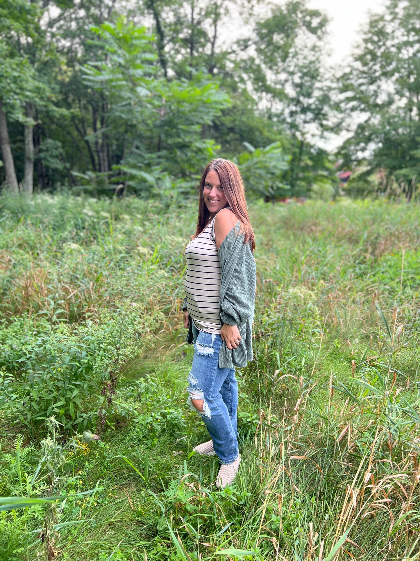 Oatmeal White and Navy-Striped Tank Top