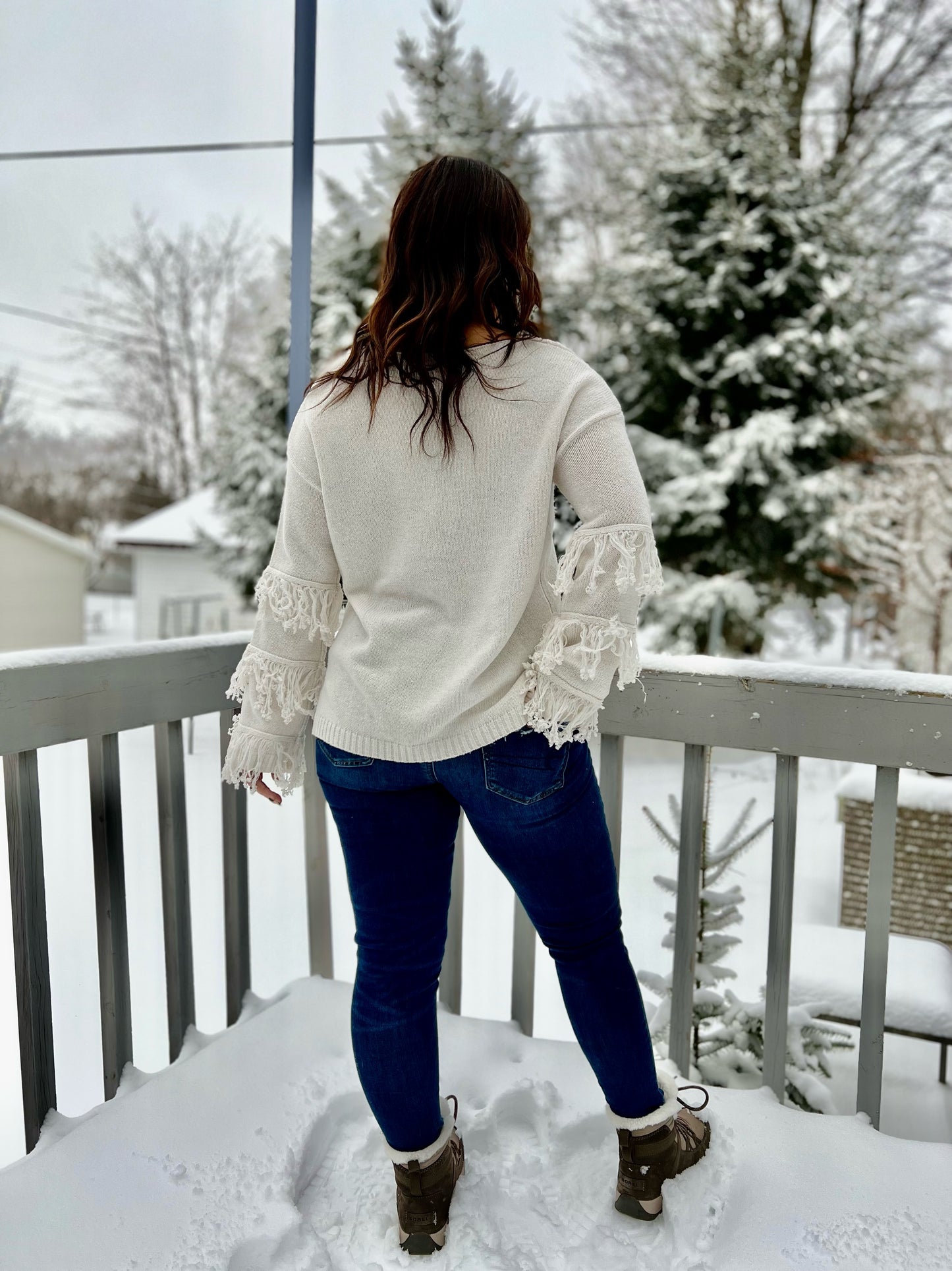 Long Tassel Sleeve White Causal Sweater